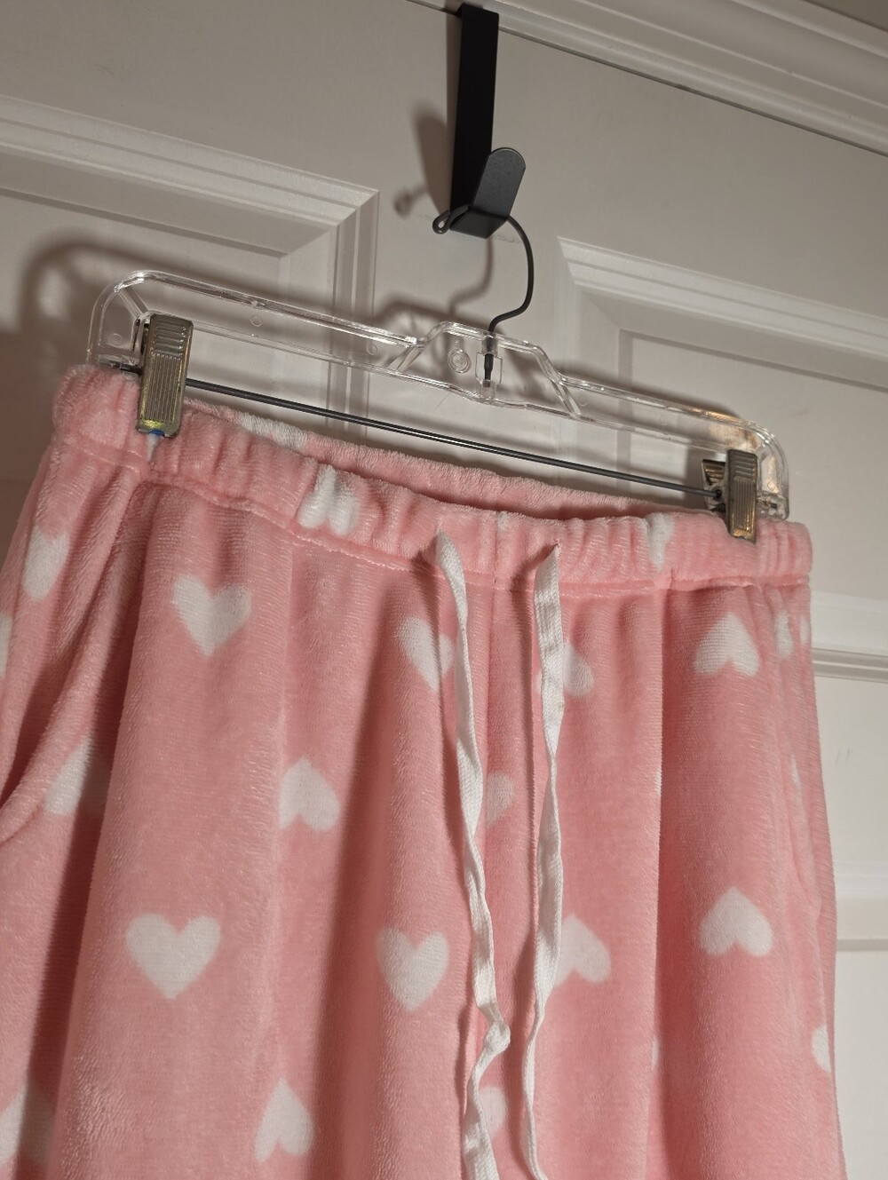 Pink And White Heart-Print Soft Plush Pajama Pants With Pockets L - Picture 2 of 4
